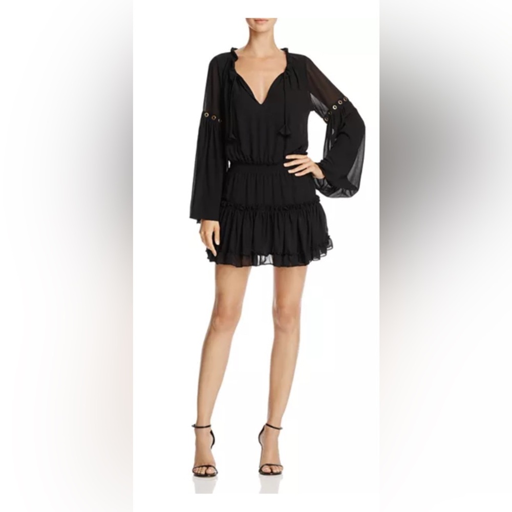 Misa Los Angeles Black Long Sleeve Smocked Ruffle Mini Dress w Gold Details Sz S - Picture 2 of 7